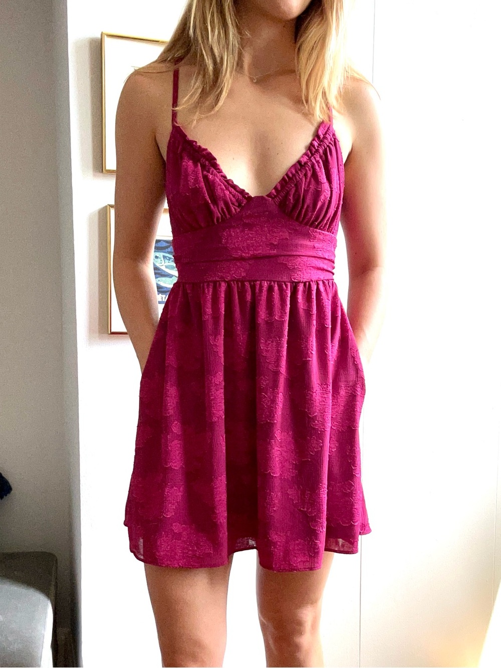 Magenta Floral Embossed Lace-Trim Spaghetti Strap Dress